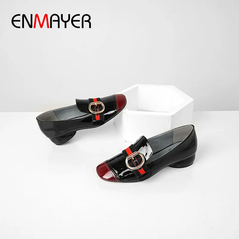 ENMAYER/ г. Классические свадебные туфли из лакированной кожи с квадратным носком повседневные туфли-лодочки без шнуровки Женская обувь для отдыха с ремешком, размеры 34-43