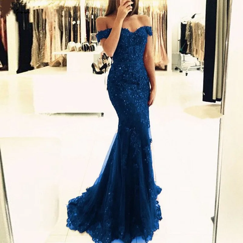 Royal Blue Mermaid Evening Party Dresses 2020 Boat Neck Appliques Sequins Formal Dress Elegant Off Shoulder Long robe de soiree | Свадьбы и