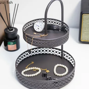 

Iron Double Jewelry Tray Metal Circular Dressing Table Cosmetics Shelf Desktop Key Sundries Collection Tray Storage Boxorganizer