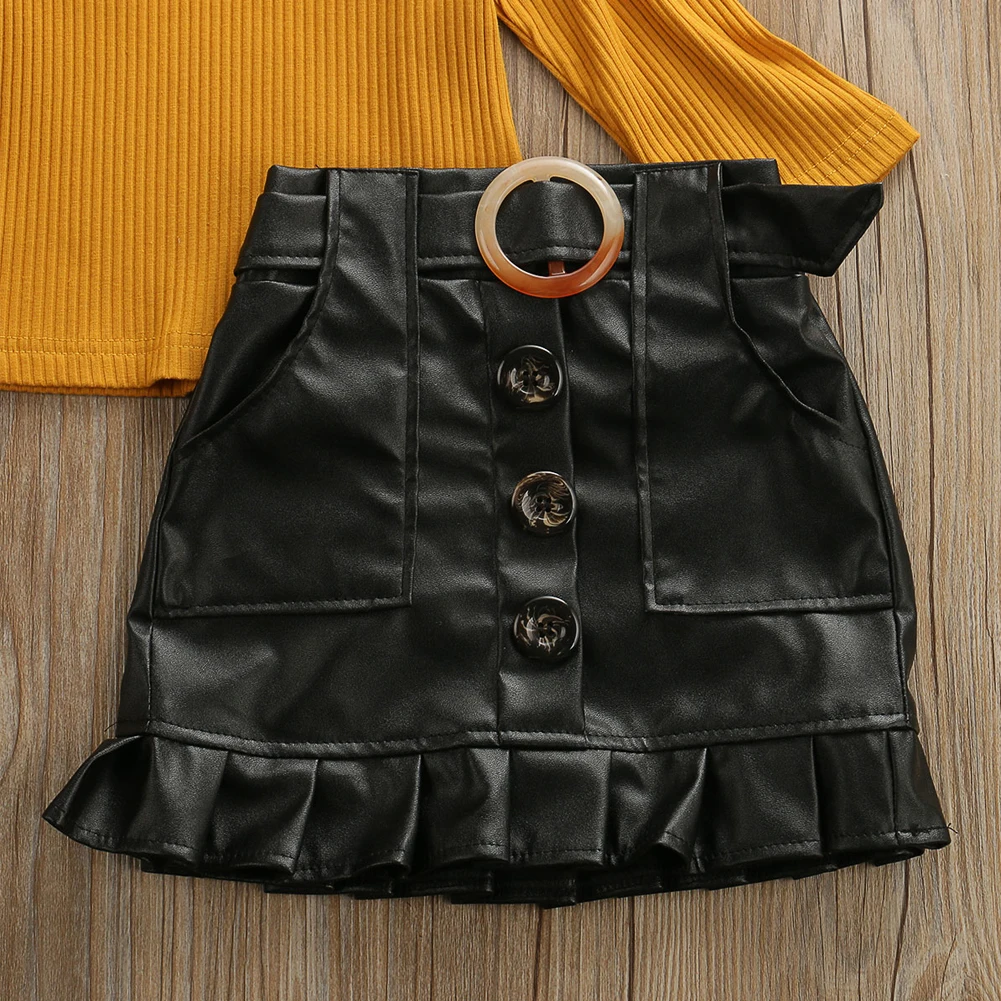 2pcs Autumn Set Toddler Kid Baby Girl Outfit Clothes Long Sleeve Knit Shirt Tops+Leather Mini Skirt Clothes Set