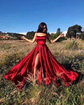 

Prom Dresses 2020 A Line Color Strapless Satin Prom Gowns Spaghetti Strap Slit Evening Party Dresses