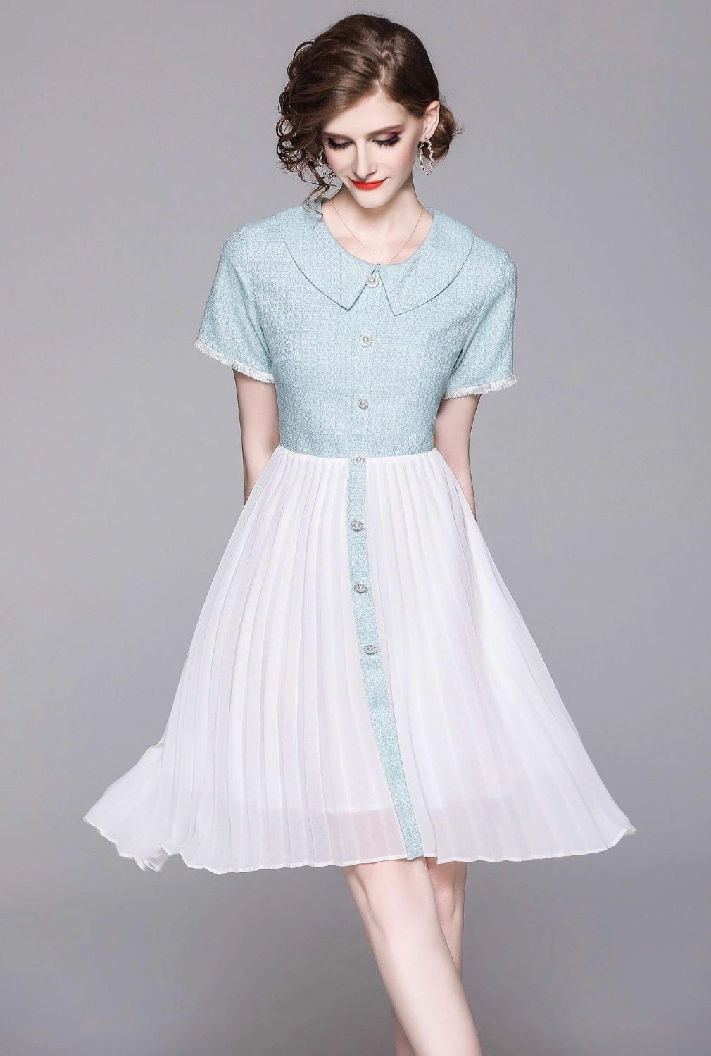 

2019 New Medium Long Lapel Pearl Button A-line Pleated Sequin Embroidery Flower Net Yarn Big Dress Dress Luxury Brand Dress