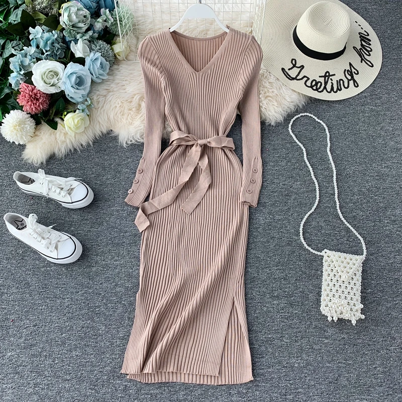 

2019 Women Autumn Long Dress Elegant A-line Office Lady V-neck Long Sleeve Side Cut Knitting Vestidos with Sashes