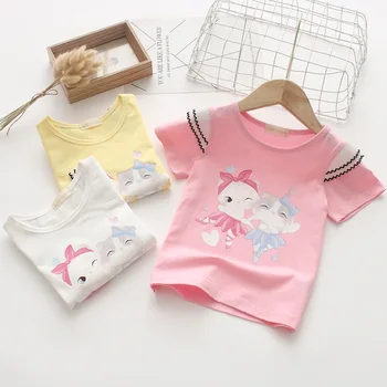 

Two Cartoon Kitten Printed Children's T-shirt 2020 Summer Flower Short-Sleeved Shirt Children's Clothing Wholesale