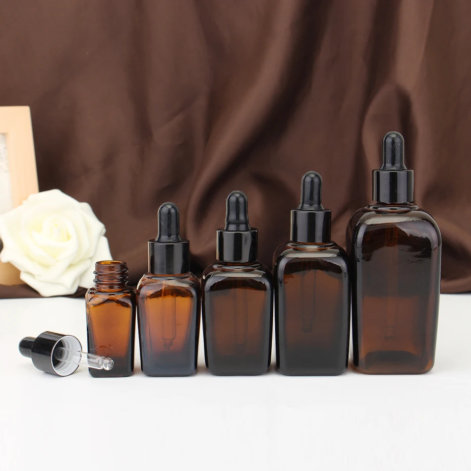 5pcs 10/20/30/50/100ml Square Glass Dropper Bottle Eye Pipette Empty Aromatherapy Essential Oils Refillable Bottle Container