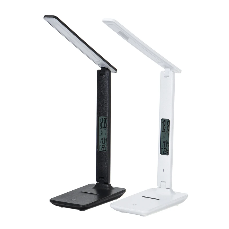 

LED Desk Lamp 3Mode Lights Leather Texture USB Folding Reading Table Lamp With temperature Calendar LCD Display DC5V Black/White