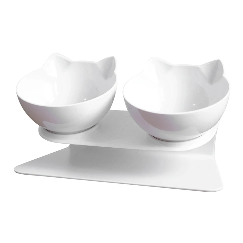 

1pc White Pet Neck Protector Bowl Non-slip Cat Bowl Pet Food Water Bowls For Cats Dogs Feeders Double Bowls With Raised Stand