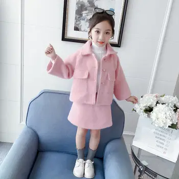 

2020 Spring Autumn New Arrival Girls Fashion Solid 2 Pieces Suit Coat+skirt Kids Tweed Sets Girls Clothes 3-13 Years