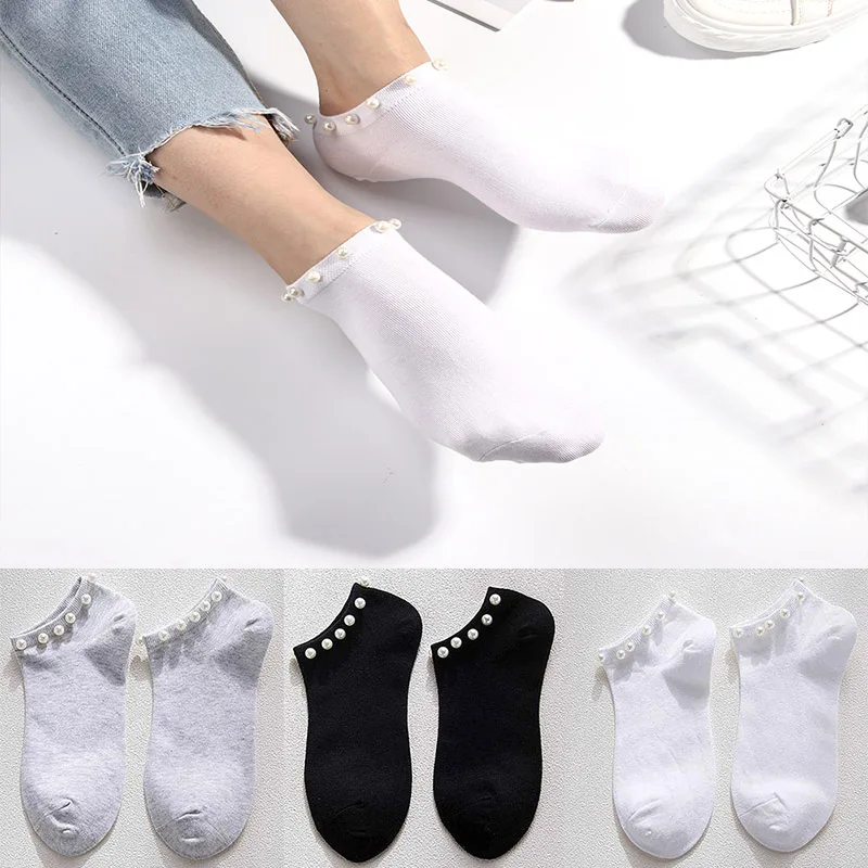 1 пара, Летние удобные хлопковые носки с закрытым носком для девочек, женские модные милые повседневные имитация жемчужные носки, однотонные носки