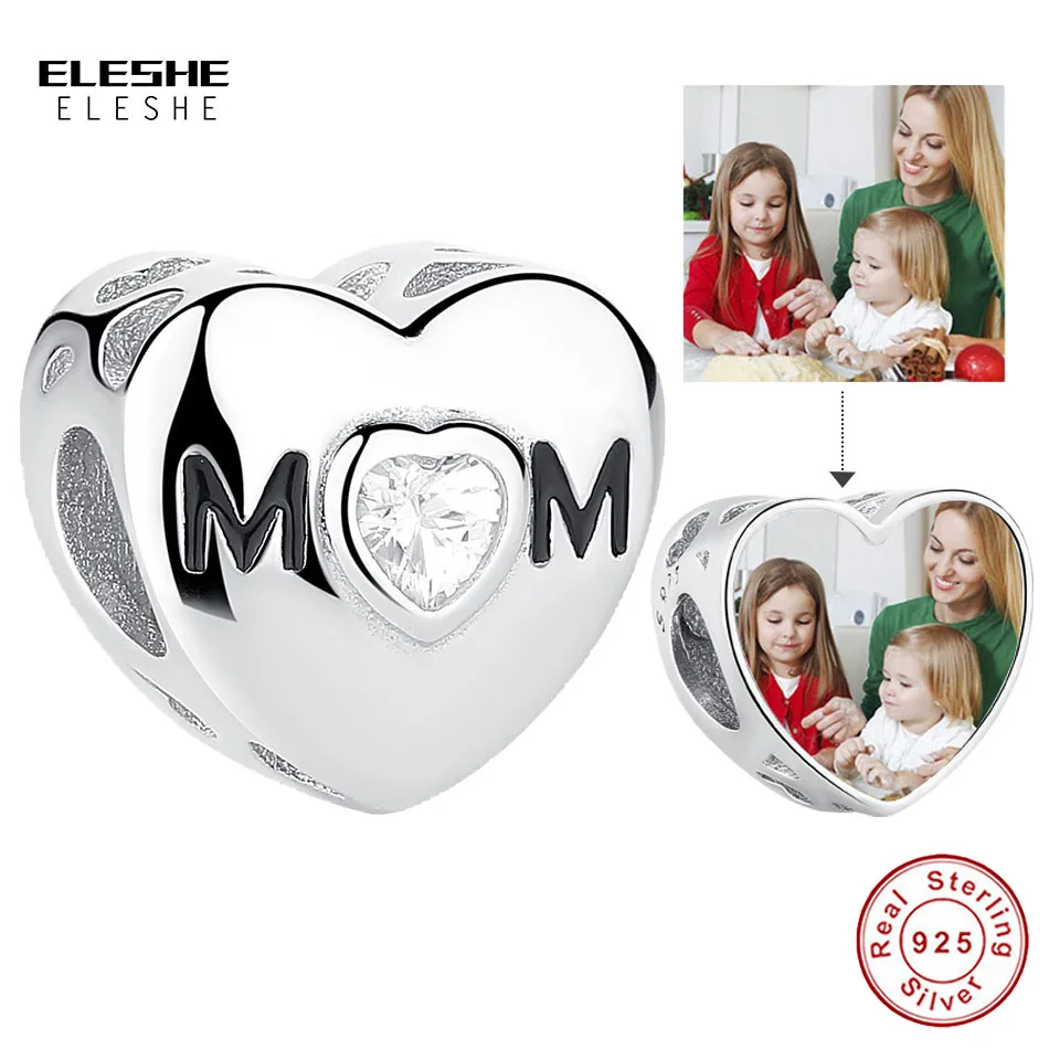 925 Sterling Silver Custom Photo Heart Charm Forever Love Mom CZ Beads Fit Original Bracelet DIY Jewelry Mother's Day Gift | Украшения