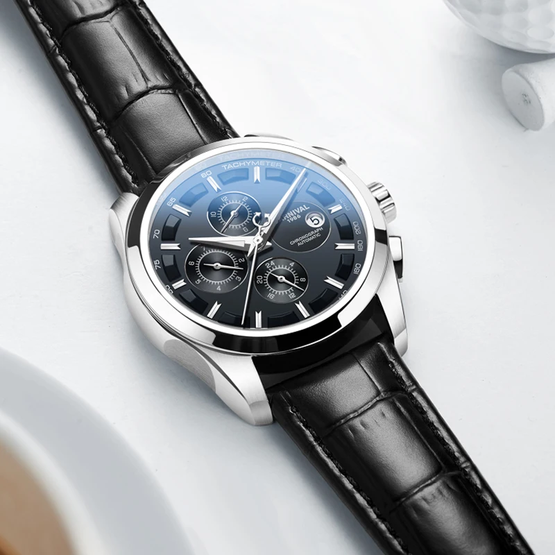 Швейцарский бренд, автоматические механические мужские наручные часы, модные роскошные часы с кожаным ремешком, водонепроницаемые сапфировые часы relogio