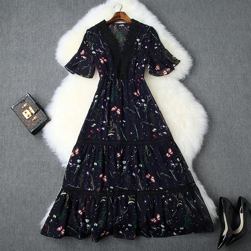 Spring 2019 new Luxury Designer Women Print empire Party Rose Dress xl sexy Cute Lace dress ladies Chiffon V-Neck dresses summer | Женская