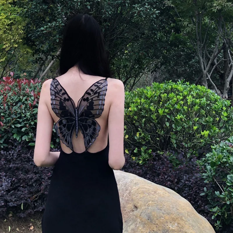 Black Gothic Lady Sexy Backless Long Dress Summer Girl Butterfly Mesh Hollow Out Harajuku Sleevless Dresses Korean Fashion Cloth