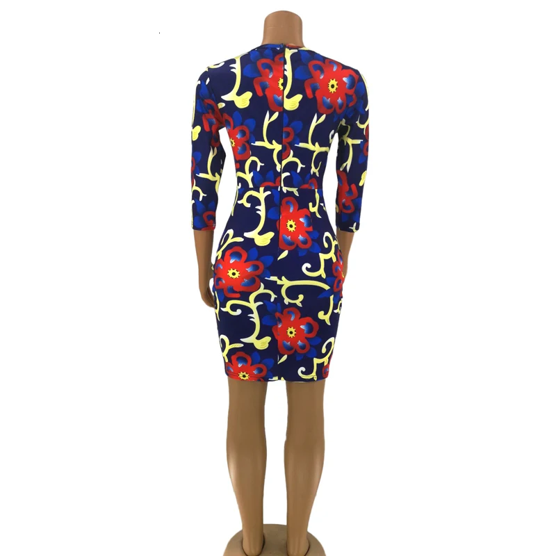 Women Autumn Winter Mini Dress Casual V Neck Three Quarter Sleeve Elegant Dresses Floral Print National Style Fall Vestidos