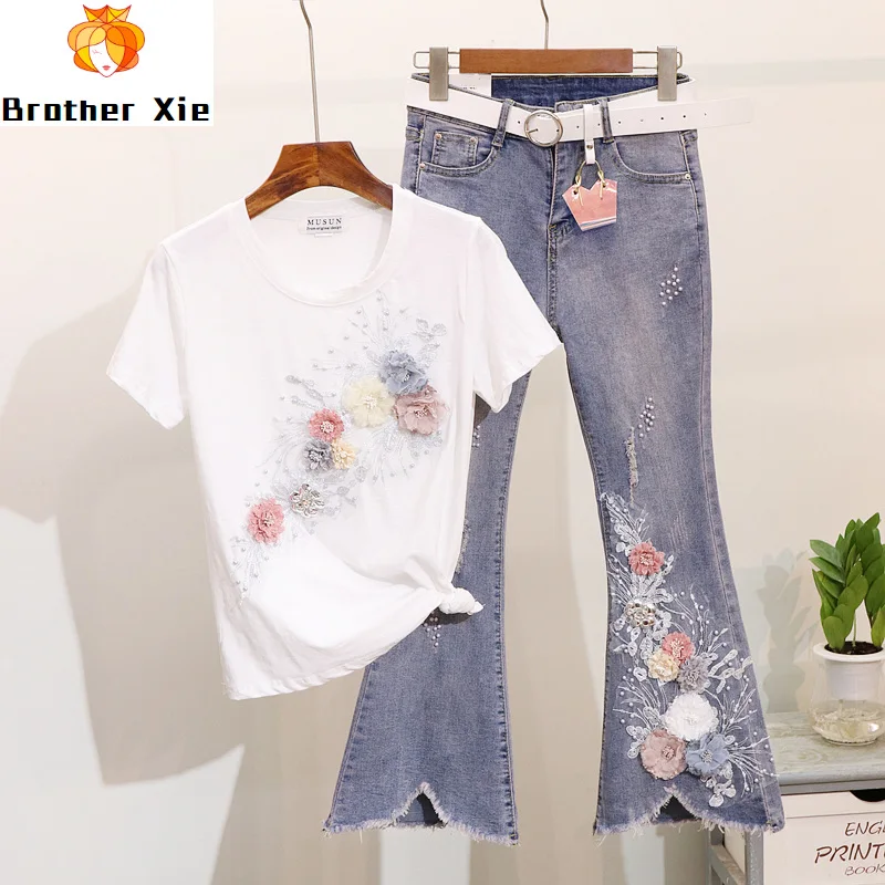 

Spring Summer Flare Jeans Set Womens Two Piece Sets Studded Bead Embroidered 3D Flower T Shirt + Grinded Jean Denim Trousers