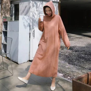 

LANMREM 2020 New Spring Solid Color Hooded Long Sweatshirt Dress Women Korea Loose Big Size Casual Pullover Dress Tide PD729