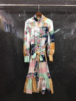 

2020 early autumn new women's stand-up collar color matching stitching decorative lace knotted waist long sleeve printed dress 8