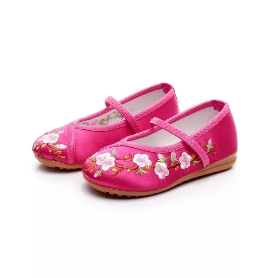 Kids Peach Flower Embroidered Women Canvas Ballet Flats Ladies Casual Comfort Slip-on Ballerinas Chinese Hanfu Cosplay Shoes