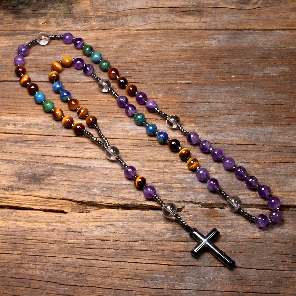 Natural Amethyst Catholic Christ Rosary Necklaces For Women Men Tiger Eye Hematite Cross Pendant Meditation Mala Jewelry