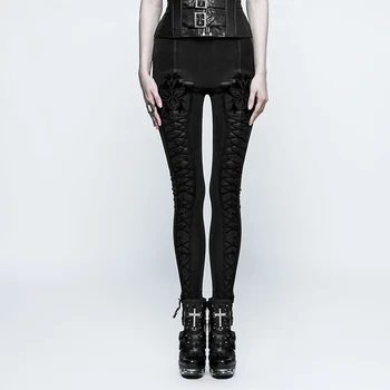 

PUNK RAVE Women's GOTH Tie Rope Thickened Leggings PU Leather Stripe Personality Warm Long Pants for Women