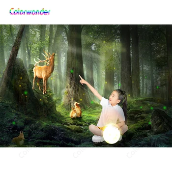

Portrait Photoshoot 7x5ft Photography Girl Sitting on the Magic Forest with Jungle Animals Green Trees with Sunlight Backdrops