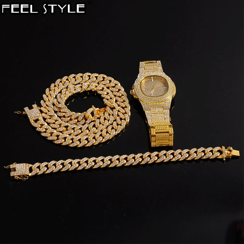 Серебро 3 шт. ожерелье+ часы+ браслет хип-хоп кантри кубинская цепь золото полный Iced Out проложили Стразы Bling для мужчин ювелирные изделия