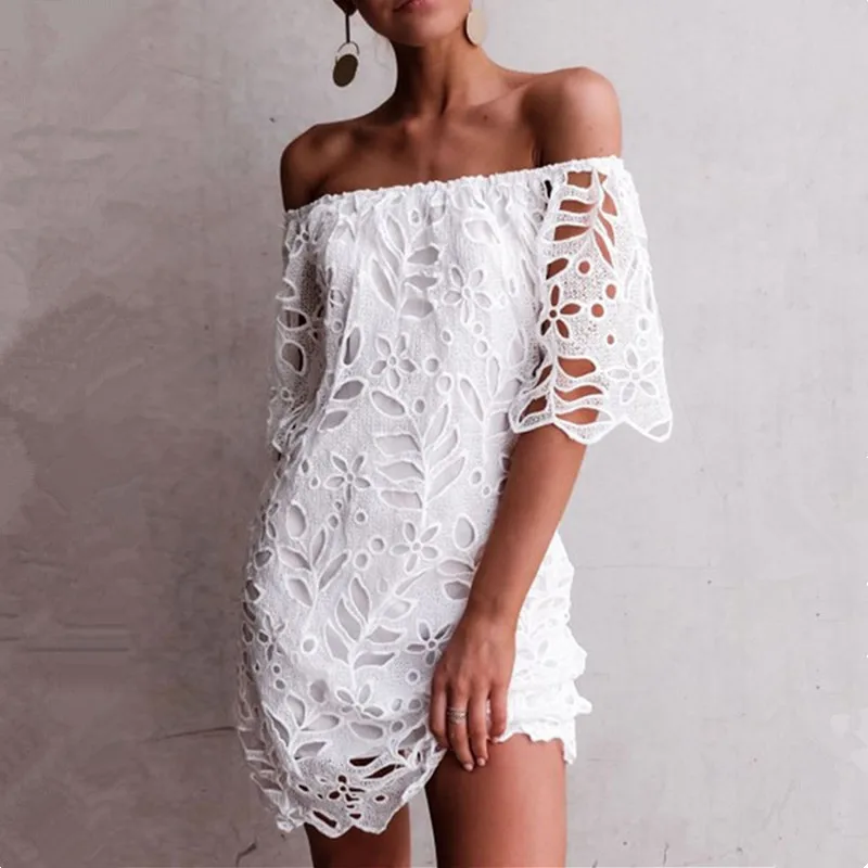 

Hollow out White Lace Dress Women Off Shoulder Short Sleeve Elegant Mini Backless Dress Femme See Through Sexy Vestidos Mujer