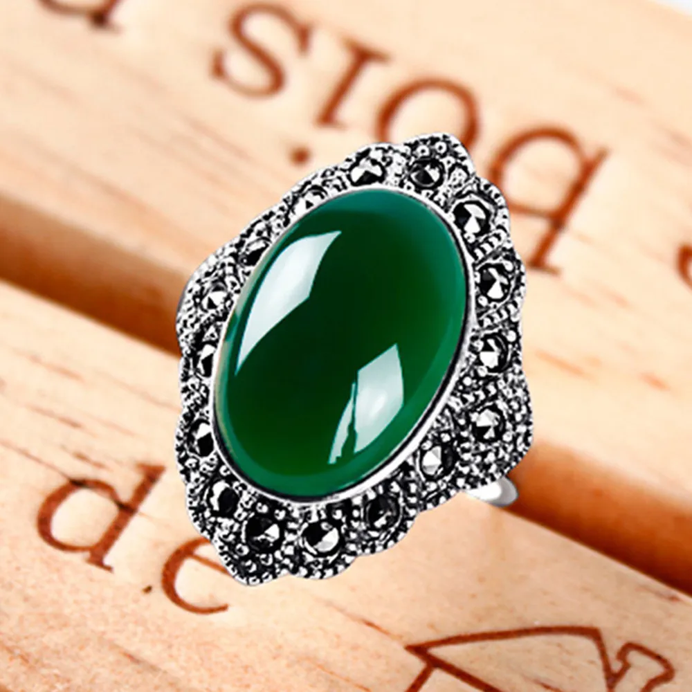 Green stone ring Big gemstone green jade&red onyx rings for women vintage emerald&ruby stone Thai sterling silver elegant jewelry antique gift - Цвет камня: Green stone ring