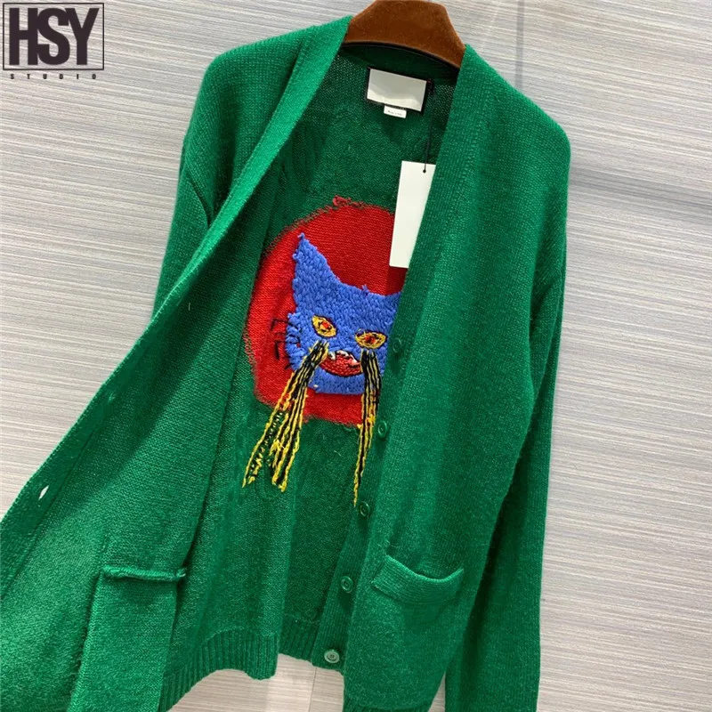 【HSY】 осенний женский свитер с надписями, нашивками в виде кота, вышивкой, бахромой сзади, v-образным вырезом, однобортный свободный зеленый свитер из мохера
