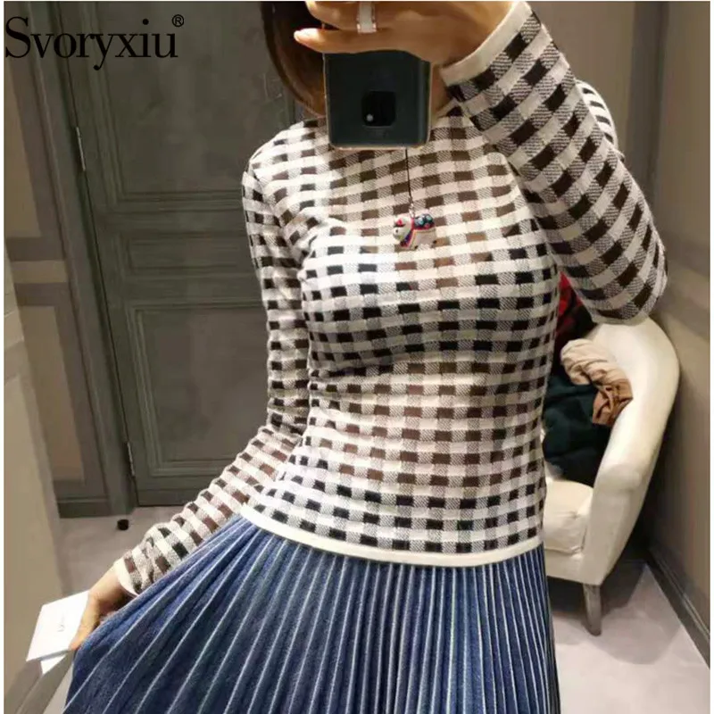 

Svoryxiu Fashion Black White Plaid Wool Yarn Sweater Pullovers Women's Autumn Winter Designer Thin Transparent Knitting Tops
