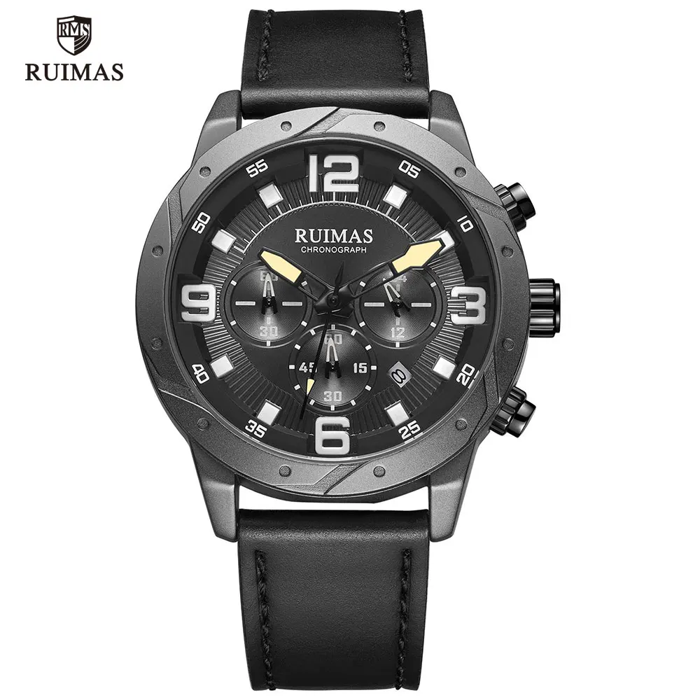 RL595G-Black RUIMAS мужские часы с хронографом, Роскошные водонепроницаемые часы от ведущего бренда, мужские черные кожаные кварцевые наручные часы, мужские армейские Relogios 595 - Цвет: RL595G-Black