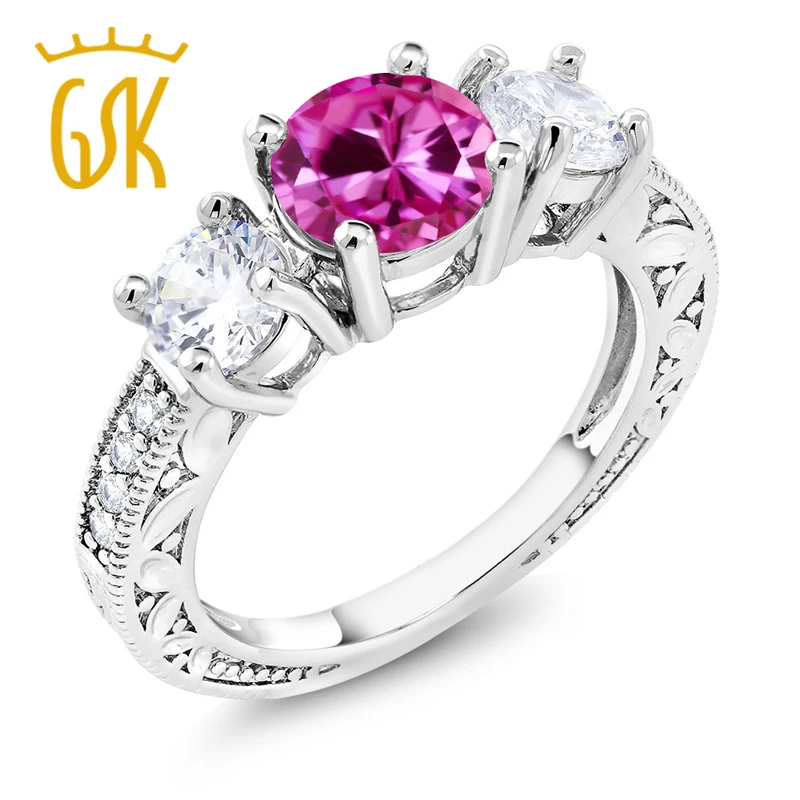 GemStoneKing 3,52 карат круглый розовый сапфир свадебные кольца родиевое покрытие кольцо с 3 камнями для женщин хорошее ювелирное изделие