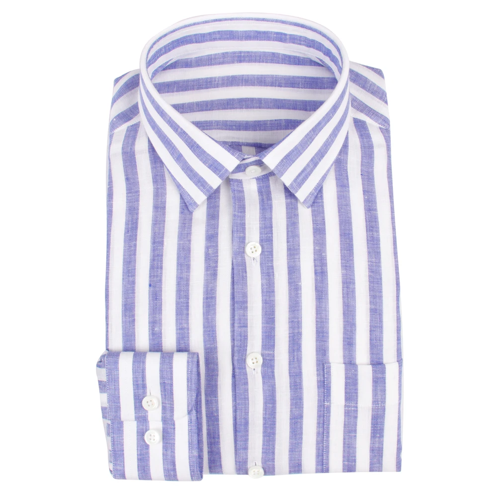 Luxury Spring Summer Men's Dress Shirt Custom Made Shirts 100% Linen Blue Stripe Breathable Linen Shirts Tailor Made Men Shirts