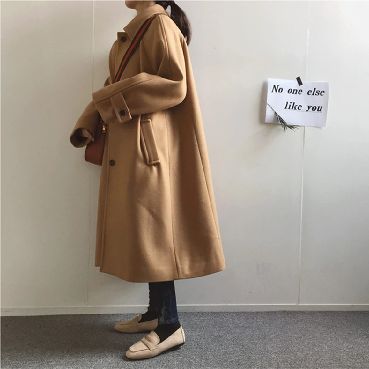 Осенне-зимнее женское длинное шерстяное пальто с длинным рукавом и отложным воротником, свободная элегантная верхняя одежда в Корейском стиле, женская одежда Casaco Feminino