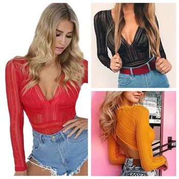 

bodysuit women Hot mesh lace body suit hollow out sexy long sleeve jumpsuit romper deep v bodysuits catsuit