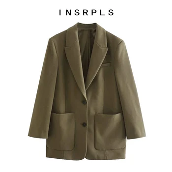 

INSRPLS Women Fashion With Pockets Oversized Blazers Coat Vintage Long Sleeve Back Vents Female Outerwear Chic Tops