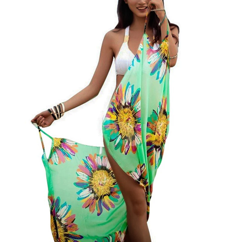 

2019 Sexy Beach Smock Tunic Dress Loose Halter Bohemian Dress Summer Women Retro Floral Printed Chiffon Top Vestidos
