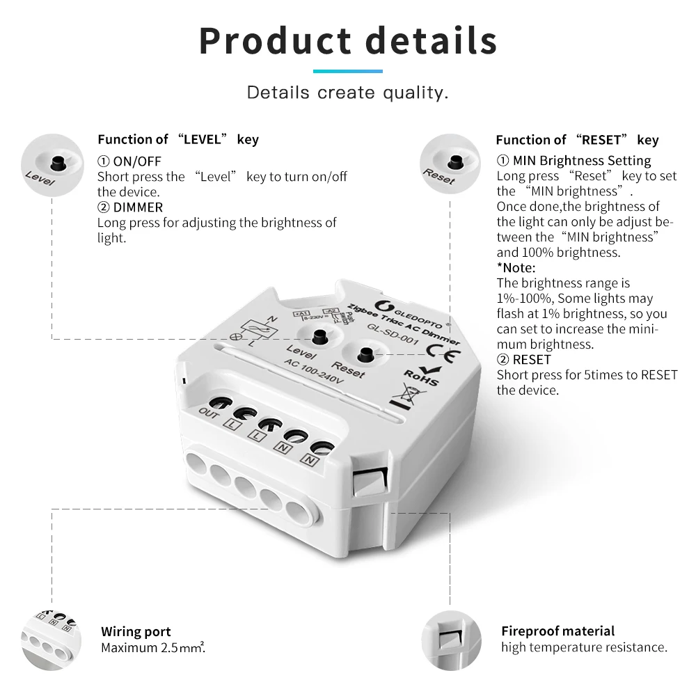 GLEDOPTO Zigbee Mini Smart Licht Dimmer 220V AC Triac Dimmer Dimmbare Push-Schalter Modul Kompatibel Mit 2,4G RF fernbedienung