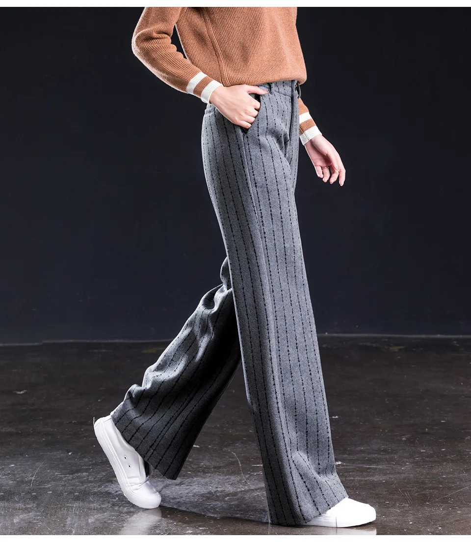 Женские Серые вязаные шерстяные широкие брюки с высокой талией свободные длинные брюки