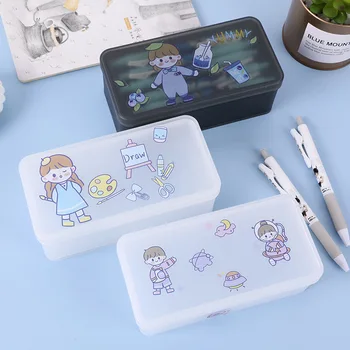 

Plastic Double Layer Transparent Thickened Pencil Case Multifunctional Stationery Large Capacity Pencil Bag School Supplies