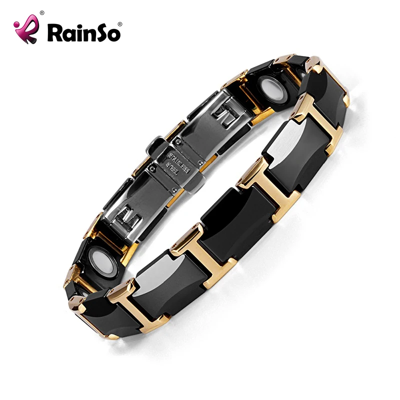 

Rainso Black Ceramic Tungsten Steel Charm Magnetic Health Care Link Bracelets for Women with Gold Plated ORB-216-03BKG
