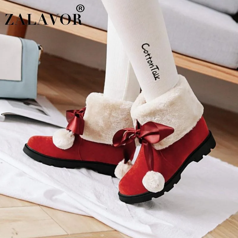 

ZALAVOR Ankle Boots Women Fashion Bowknot Winter Keep Warm Plush Fur Flats Snow Boots Round Toe Casual Short Boots Size 33-43