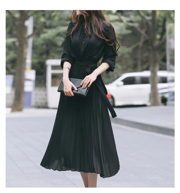 H Han queen шифоновое длинное плиссированное платье с длинным рукавом для женщин, новинка, Зимние Повседневные платья в Корейском стиле, длина до лодыжки, Свинг Vestidos