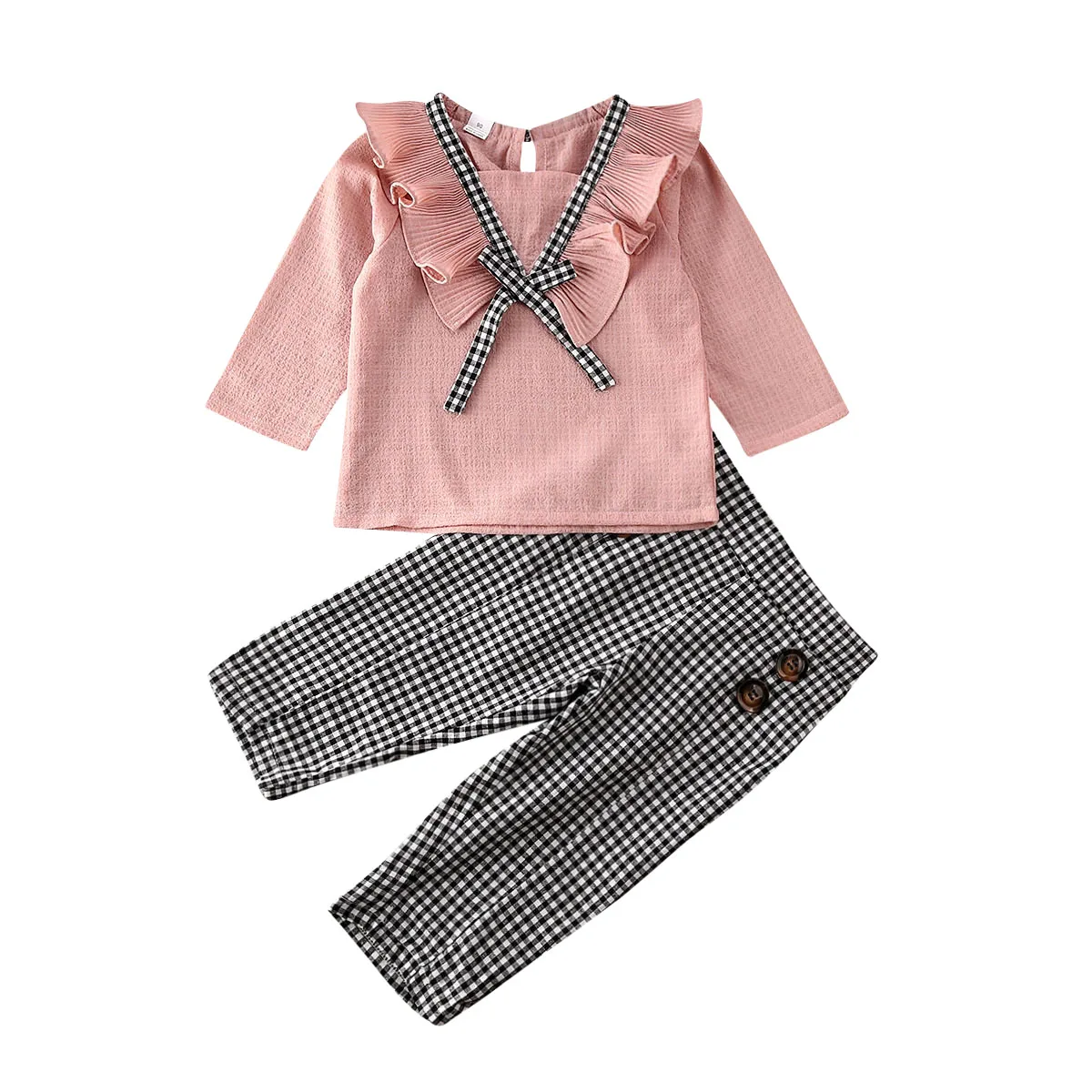 

2020 New Fall Autumn 1-5Y Toddler Baby Girl 2Pcs Set Ruffled Bow Pink Long Sleeve Top+Buttons Plaid Pants Fashion Outfits