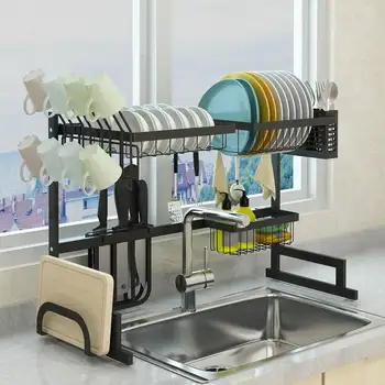 

65/85cm organizador de cocina escurridor de acero inoxidable estante de platos en cestas de almacenamiento utensilios