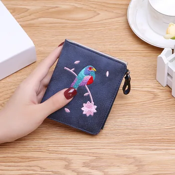 

Fashion Bird Embroidered Wallet 2 Folding Purse for Women Girls Small Hasp Slim Coin Pocket Purse Female Designer Wallets