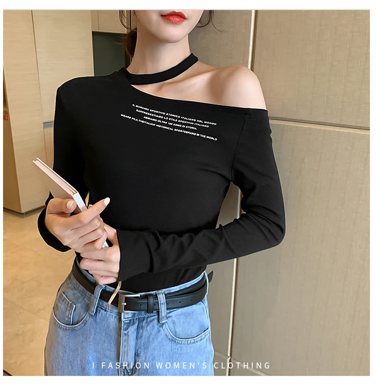 Gkfnmt Корейская шикарная женская футболка с длинными рукавами, с открытыми плечами, хлопковые топы, футболка Осенняя черная футболка с