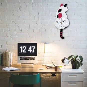 

3D Cute Cat Wall Clock Wag Tail Silence Home Decoration Kids Gift white
