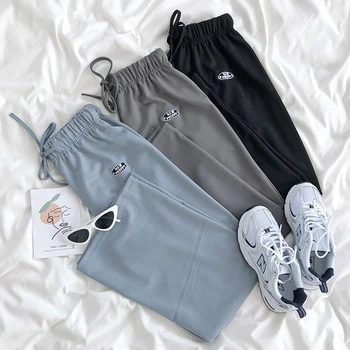 

ZCWXM Embroidery Wide Leg Pants Summer Pants Women Letters 2020 Drawstring High Waist Ropa Mujer All Match Trousers New
