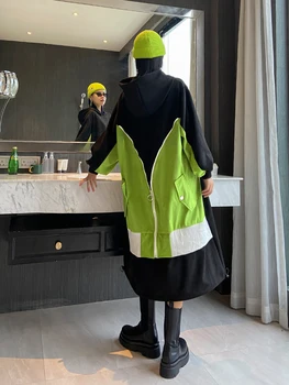 

SuperAen Streetwear Autumn and Winter Slim Full Loose Hooded Contrast Velvet Dress for Women